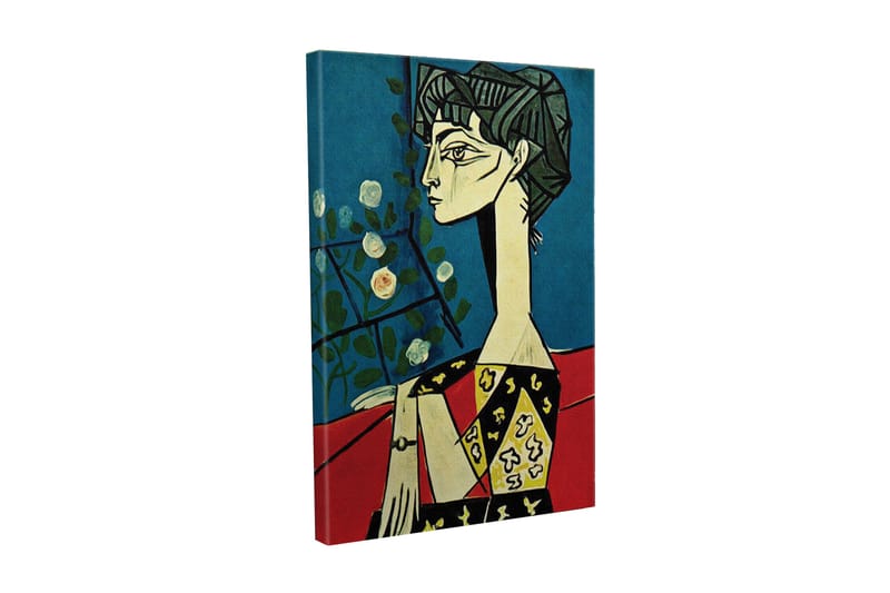 Lærredsbillede - Portræt af en kvinde med stiliserede ansigtstræk og blomster i baggrunden, Blå / Rød / Sort