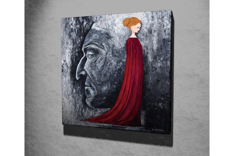 Lærredsbillede - Portræt af en kvinde i en rød kjole med en stor ansigtsprofil i gråt i baggrunden - Rød / Grå / Sort - Boligtilbehør - Billeder & kunst - Billeder på lærred
