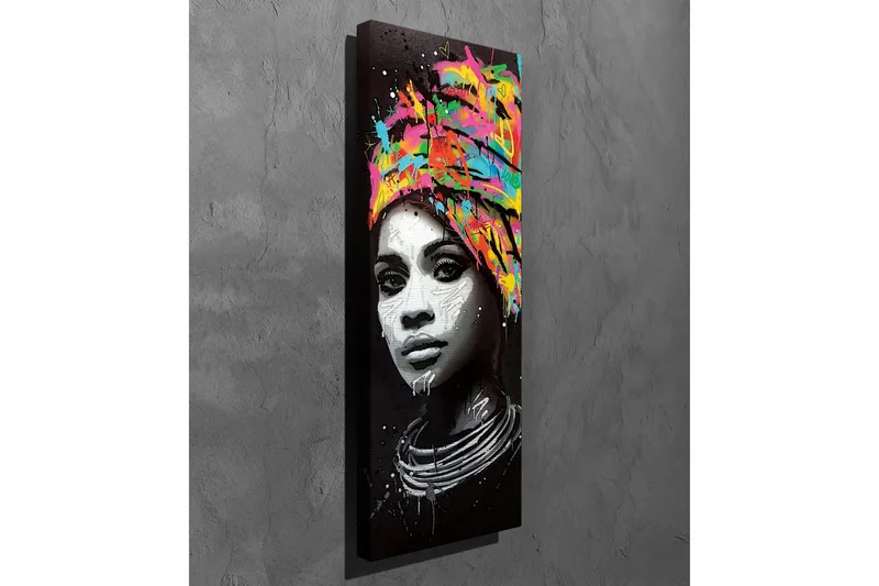 Lærredsbillede - Portræt af en kvinde med et farverigt hovedtørklæde - Sort / Lyserød / Gul - Boligtilbehør - Billeder & kunst - Billeder på lærred