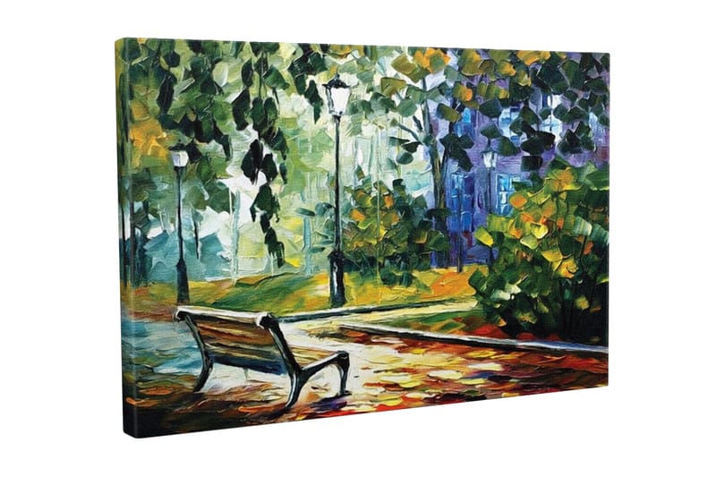 Lærredsbillede - Parkbænk omgivet af frodige træer og lys i et farverigt miljø, Grøn / Gul / Blå