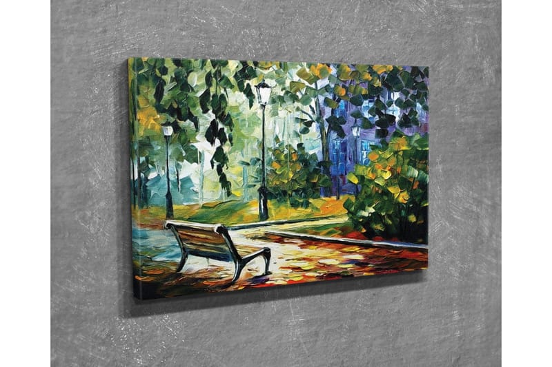 Lærredsbillede - Parkbænk omgivet af frodige træer og lys i et farverigt miljø - Grøn / Gul / Blå - Boligtilbehør - Billeder & kunst - Billeder på lærred