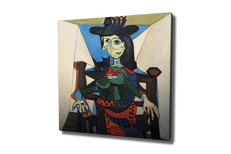 Lærredsbillede - Portræt af kvinde med geometriske former og stærke farver, Grøn / Blå / Orange