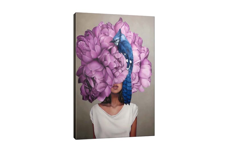 Lærredsbillede - Portræt af en kvinde med en stor buket lyserøde blomster som hovedmotiv, Lyserød / Blå / Beige