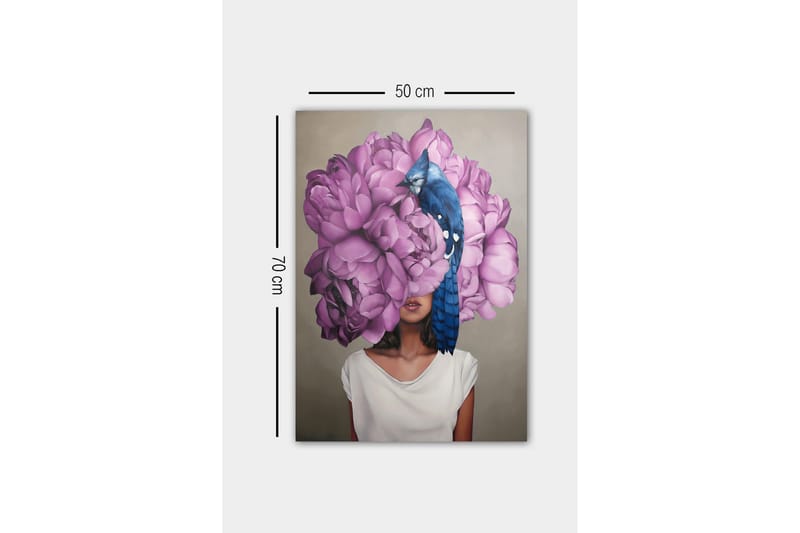 Lærredsbillede - Portræt af en kvinde med en stor buket lyserøde blomster som hovedmotiv - Lyserød / Blå / Beige - Boligtilbehør - Billeder & kunst - Billeder på lærred