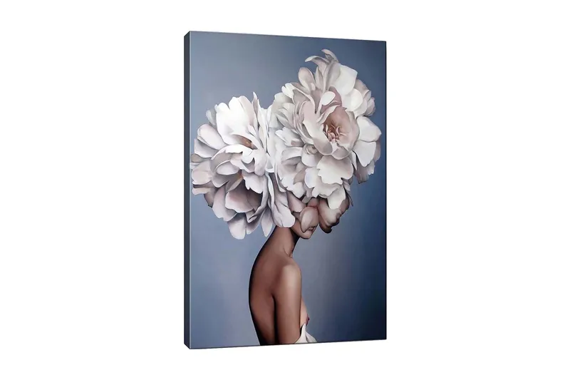 Lærredsbillede - Portræt af en kvinde med en stor blomsterkrans som hovedpynt, Hvid / Lys pink / Beige