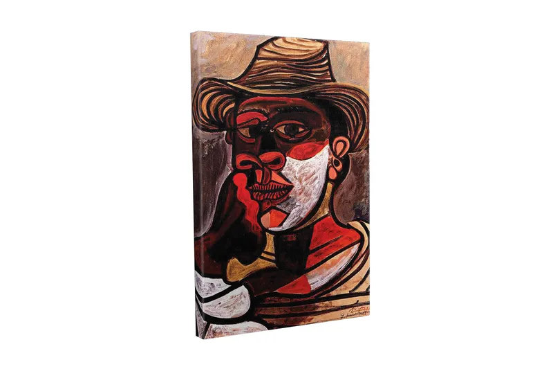 Lærredsbillede - Portræt af en mand med hat og stærke ansigtstræk, Rød / Sort / Hvid