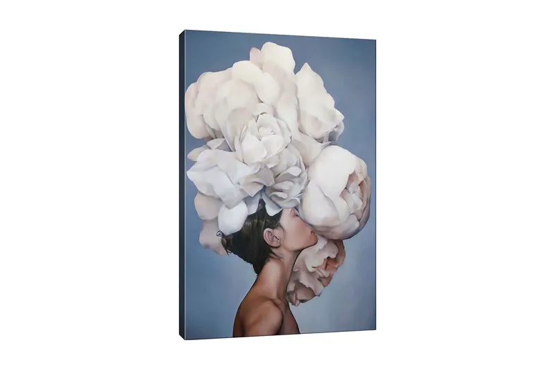 Lærredsbillede - Portræt af en person med en stor buket hvide blomster svævende over hovedet, Hvid / Lysegrå / Hudfarve