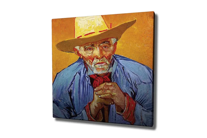 Lærredsbillede - Portræt af en gammel mand med hat og blå skjorte, Gul / Blå / Rød