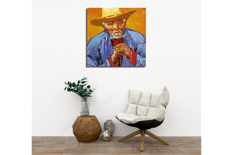 Lærredsbillede - Portræt af en gammel mand med hat og blå skjorte - Gul / Blå / Rød - Boligtilbehør - Billeder & kunst - Billeder på lærred