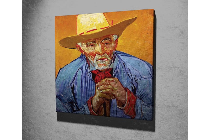 Lærredsbillede - Portræt af en gammel mand med hat og blå skjorte - Gul / Blå / Rød - Boligtilbehør - Billeder & kunst - Billeder på lærred