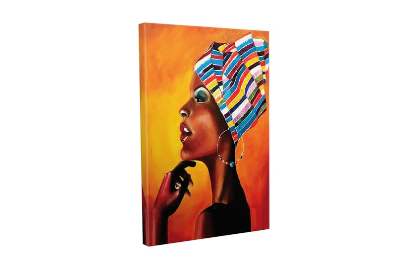 Lærredsbillede - Portræt af en kvinde med et farverigt hovedtørklæde og et stærkt udtryk, Orange / Sort / Blå