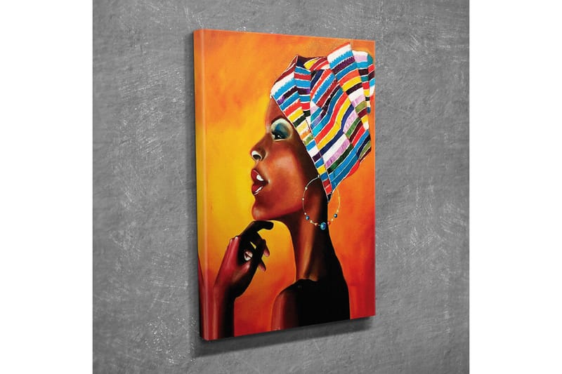 Lærredsbillede - Portræt af en kvinde med et farverigt hovedtørklæde og et stærkt udtryk - Orange / Sort / Blå - Boligtilbehør - Billeder & kunst - Billeder på lærred