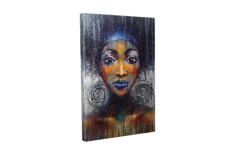 Lærredsbillede - Portræt af en kvinde med store øreringe og stærke farver, Mørkeblå / Orange / Sort