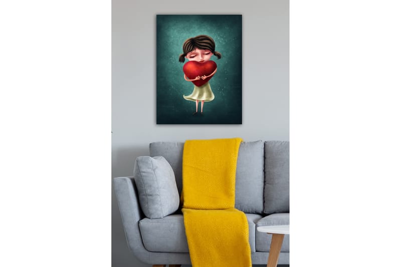 Lærredsbillede - Pige med et stort rødt hjerte - Rød / Grøn / Beige - Boligtilbehør - Billeder & kunst - Billeder på lærred