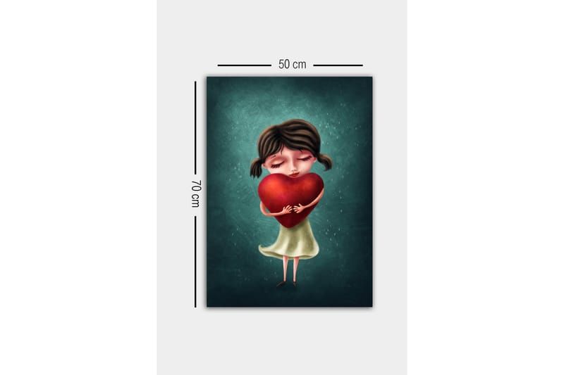 Lærredsbillede - Pige med et stort rødt hjerte - Rød / Grøn / Beige - Boligtilbehør - Billeder & kunst - Billeder på lærred