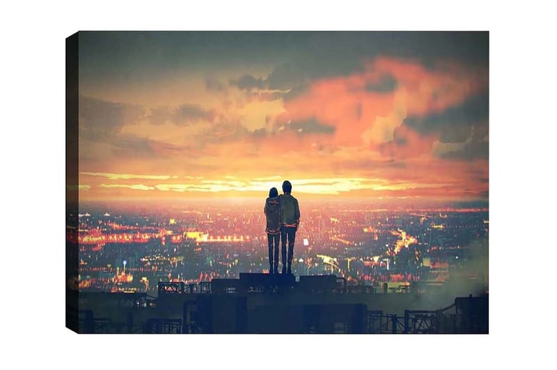 Lærredsbillede - Par står sammen og ser en solnedgang over en by, Orange / Blå / Grå