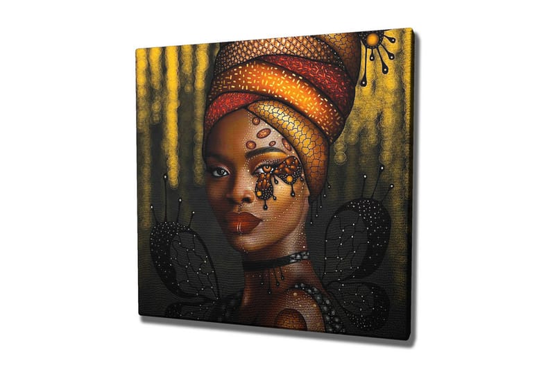 Lærredsbillede - Portræt af en kvinde med farverig hovedbeklædning og sommerfugle, Guld / Sort / Rød