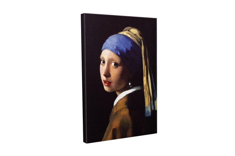 Lærredsbillede - Portræt af en ung kvinde med perleørering og blåt hovedtørklæde, Blå / Beige / Sort