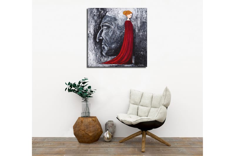 Lærredsbillede - Portræt af en kvinde i en rød kjole med en stor ansigtsprofil i gråt i baggrunden - Rød / Grå / Sort - Boligtilbehør - Billeder & kunst - Billeder på lærred