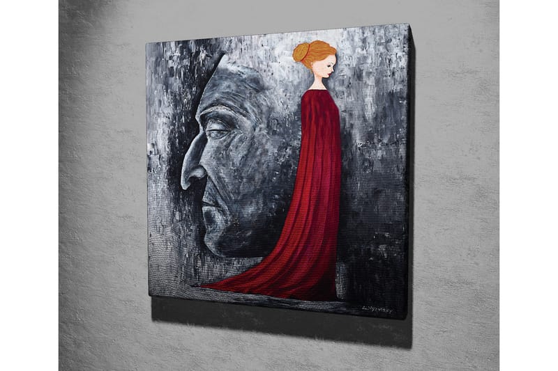 Lærredsbillede - Portræt af en kvinde i en rød kjole med en stor ansigtsprofil i gråt i baggrunden - Rød / Grå / Sort - Boligtilbehør - Billeder & kunst - Billeder på lærred