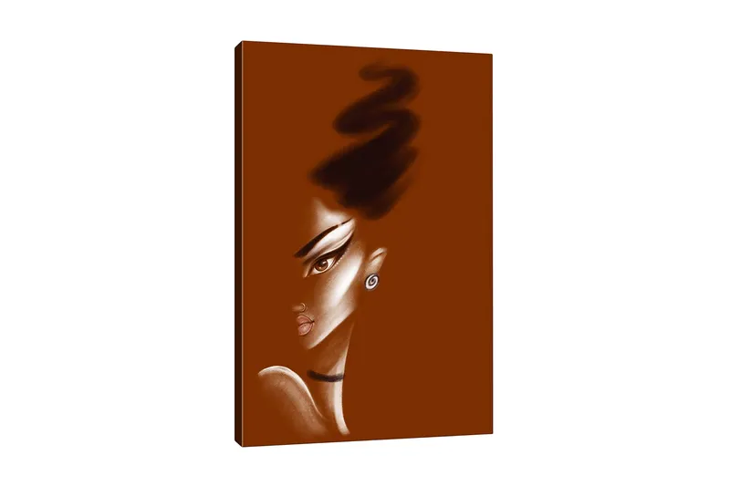 Lærredsbillede - Portræt af en kvinde med stiliserede ansigtstræk og en elegant frisure, Mørkebrun / Beige / Sort