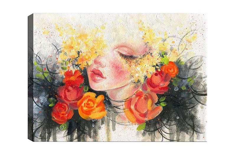 Lærredsbillede - Portræt af en kvinde med blomster i håret, Orange / Gul / Sort