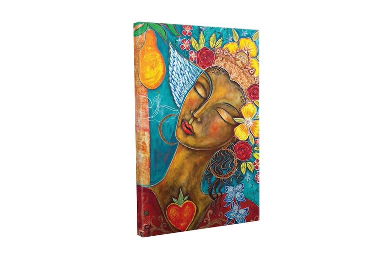 Lærredsbillede - Portræt af en kvinde med blomster og frugter i håret, Turkis / Brun / Rød