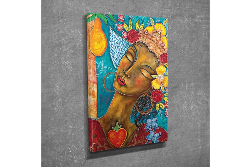 Lærredsbillede - Portræt af en kvinde med blomster og frugter i håret - Turkis / Brun / Rød - Boligtilbehør - Billeder & kunst - Billeder på lærred