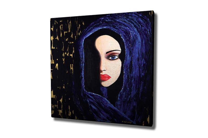 Lærredsbillede - Portræt af en kvinde med et mystisk blik i en mørk hætte, Mørkeblå / Sort / Rød