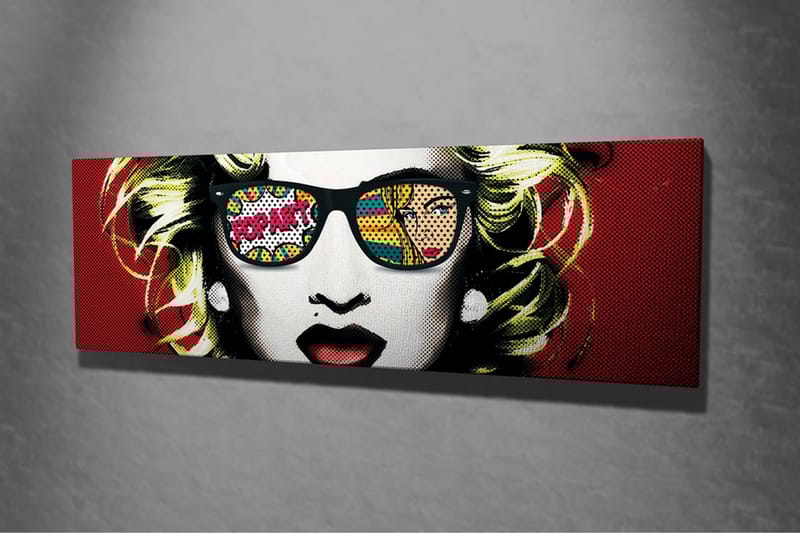 Lærredsbillede - Portræt af en kvinde med solbriller og pop art-motiver i refleksionerne - Rød / Sort / Gul - Boligtilbehør - Billeder & kunst - Billeder på lærred