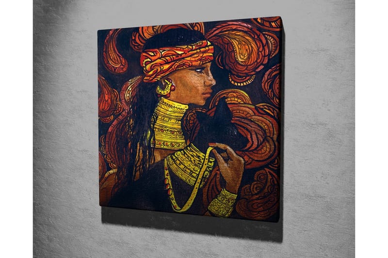 Lærredsbillede - Portræt af en kvinde med smykker og en sort kat - Mørkebrun / Orange / Gul - Boligtilbehør - Billeder & kunst - Billeder på lærred