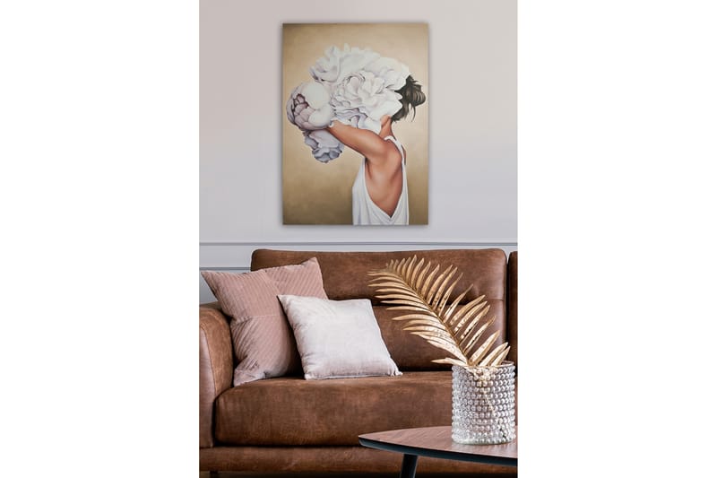 Lærredsbillede - Portræt af en kvinde med store, hvide blomster, der dækker hendes ansigt - Hvid / Beige / Hudfarve - Boligtilbehør - Billeder & kunst - Billeder på lærred