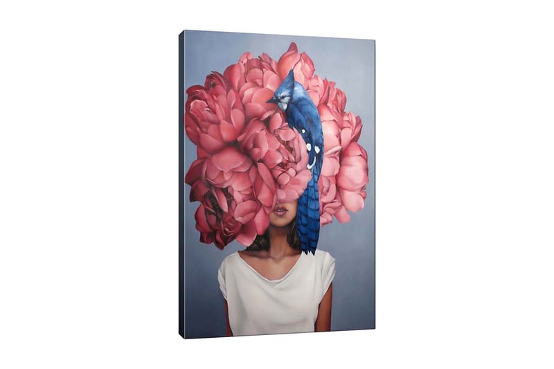 Lærredsbillede - Portræt af en kvinde med en stor buket lyserøde blomster som hoved og en blå fugl siddende på blomsterne, Lyserød / Blå / Beige