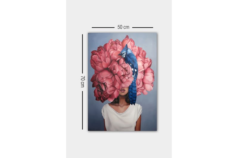 Lærredsbillede - Portræt af en kvinde med en stor buket lyserøde blomster som hoved og en blå fugl siddende på blomsterne - Lyserød / Blå / Beige - Boligtilbehør - Billeder & kunst - Billeder på lærred