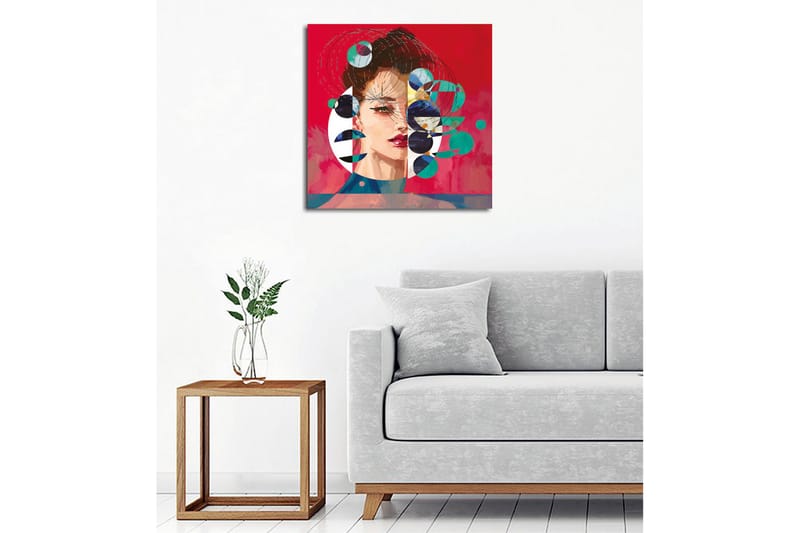 Lærredsbillede - Portræt af en kvinde med abstrakte geometriske former og farverige cirkler - Rød / Grøn / Sort - Boligtilbehør - Billeder & kunst - Billeder på lærred