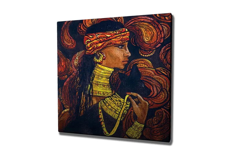 Lærredsbillede - Portræt af en kvinde med smykker og en sort kat, Mørkebrun / Orange / Gul