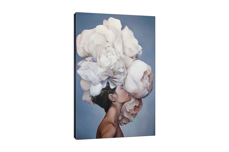 Lærredsbillede - Portræt af en person med en stor buket hvide blomster svævende over hovedet, Hvid / Lysegrå / Hudfarve
