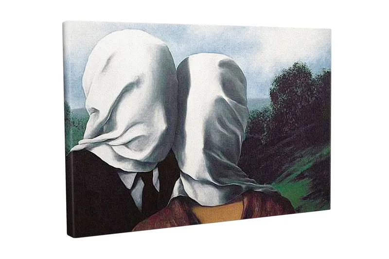 Lærredsbillede - Par med hvide klæder, der dækker deres ansigter, stående i et frodigt landskab, Hvid / Sort / Grøn