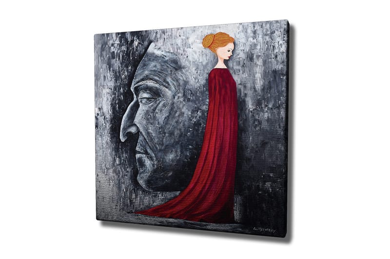 Lærredsbillede - Portræt af en kvinde i en rød kjole med en stor ansigtsprofil i gråt i baggrunden, Rød / Grå / Sort