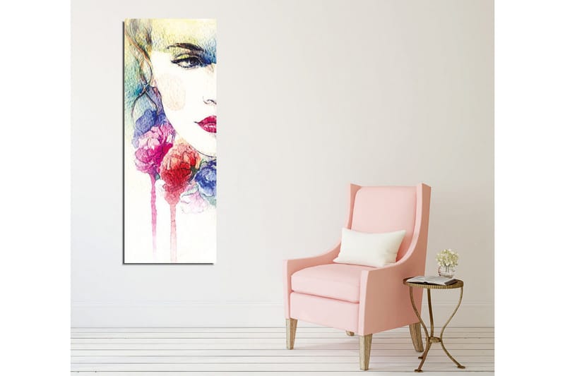 Lærredsbillede - Portræt af en kvinde med farverige blomster omkring ansigtet - Lyserød / Blå / Gul - Boligtilbehør - Billeder & kunst - Billeder på lærred