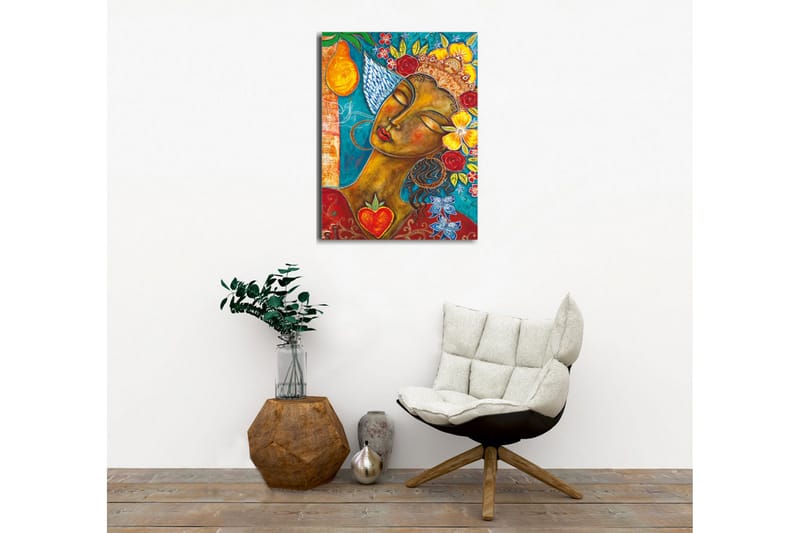 Lærredsbillede - Portræt af en kvinde med blomster og frugter i håret - Turkis / Brun / Rød - Boligtilbehør - Billeder & kunst - Billeder på lærred