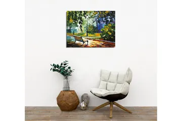 Lærredsbillede - Parkbænk omgivet af frodige træer og lys i et farverigt miljø - Grøn / Gul / Blå - Boligtilbehør - Billeder & kunst - Billeder på lærred