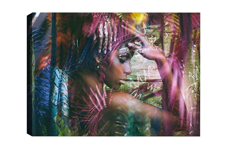 Lærredsbillede - Portræt af en kvinde omgivet af farverige planter, Grøn / Lyserød / Blå