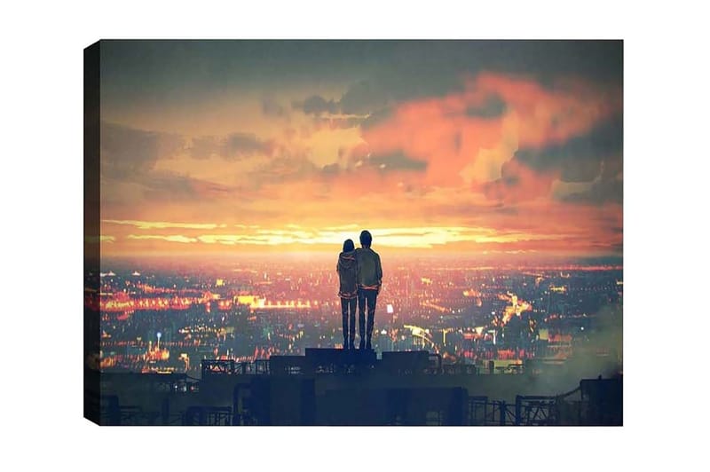 Lærredsbillede - Par står sammen og ser en solnedgang over en by, Orange / Blå / Grå