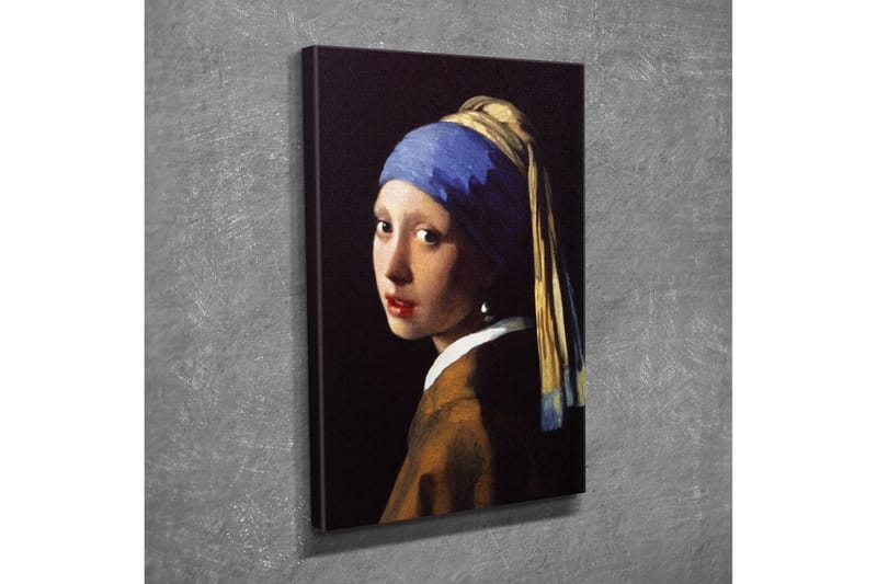 Lærredsbillede - Portræt af en ung kvinde med perleørering og blåt hovedtørklæde - Blå / Beige / Sort - Boligtilbehør - Billeder & kunst - Billeder på lærred