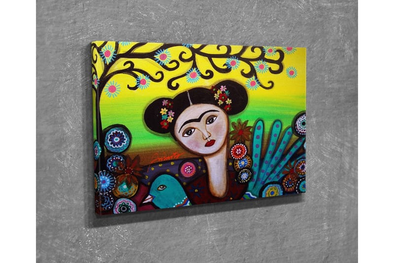 Lærredsbillede - Portræt af en kvinde med blomster i håret og en grøn fugl ved siden af sig - Grøn / Rød / Sort - Boligtilbehør - Billeder & kunst - Billeder på lærred