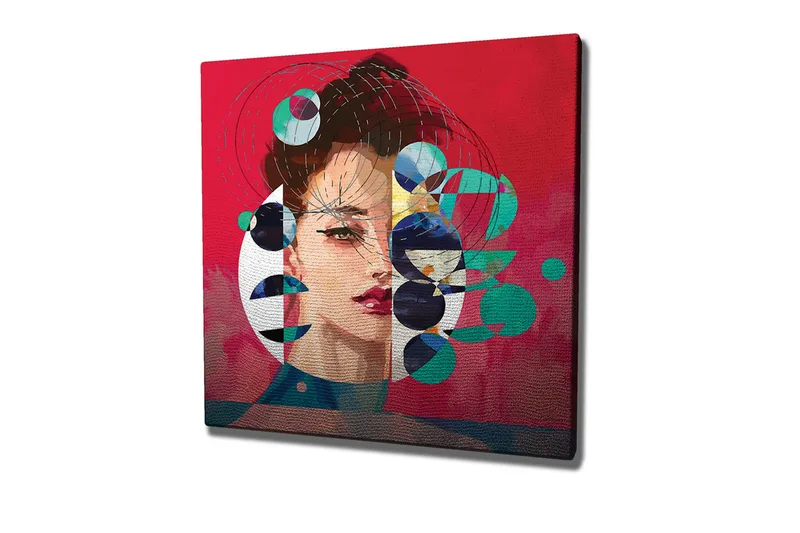 Lærredsbillede - Portræt af en kvinde med abstrakte geometriske former og farverige cirkler, Rød / Grøn / Sort