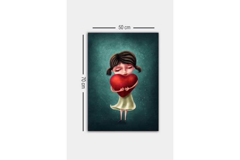 Lærredsbillede - Pige med et stort rødt hjerte - Rød / Grøn / Beige - Boligtilbehør - Billeder & kunst - Billeder på lærred