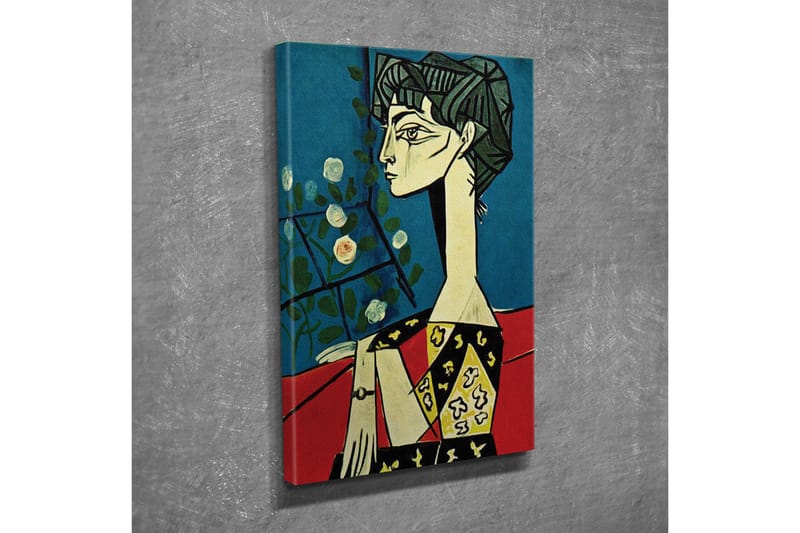 Lærredsbillede - Portræt af en kvinde med stiliserede ansigtstræk og blomster i baggrunden - Blå / Rød / Sort - Boligtilbehør - Billeder & kunst - Billeder på lærred