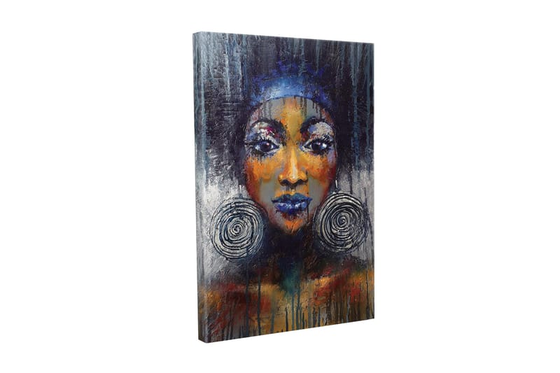 Lærredsbillede - Portræt af en kvinde med store øreringe og stærke farver, Mørkeblå / Orange / Sort